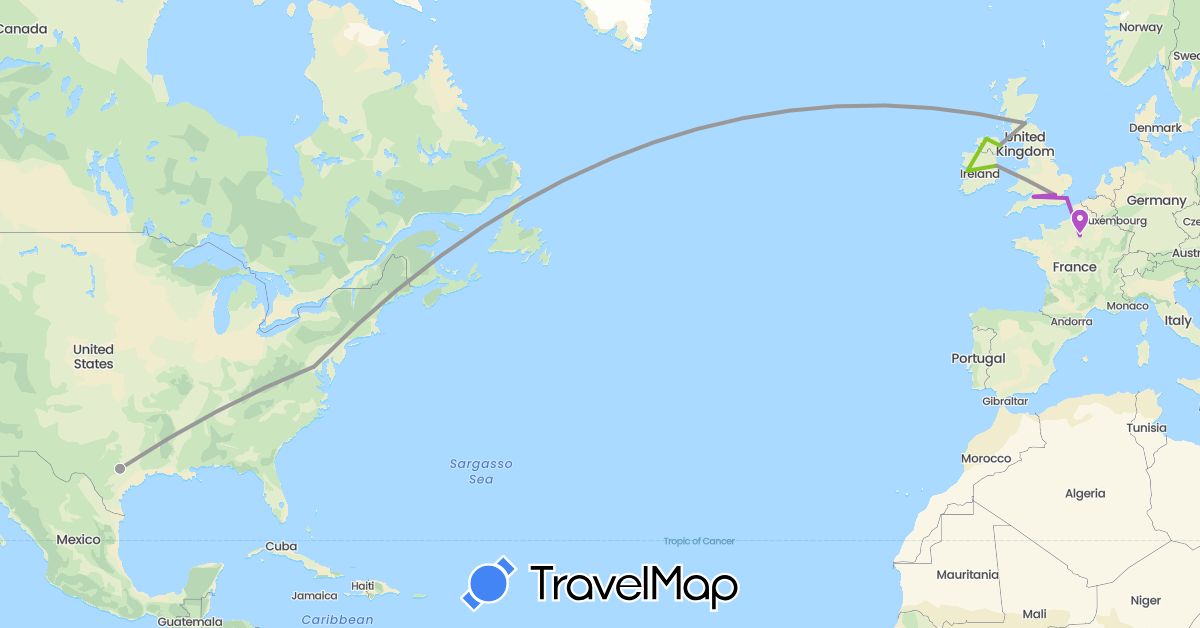 TravelMap itinerary: driving, plane, train, electric vehicle in France, United Kingdom, Ireland, United States (Europe, North America)